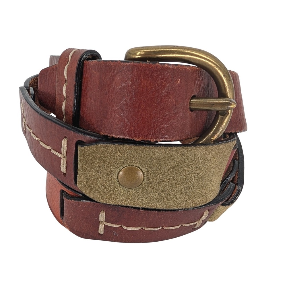 VTG‎ Fossil Leather Belt Women M Brown Patchwork Suede Stitch Brass Buckle Boho